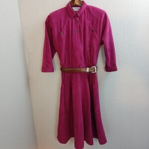 Vintage 80s S.L. Petites Magenta Suede Shirt Dress 6 needs repair pockets belted